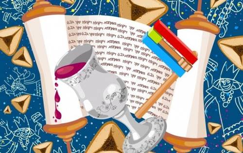 Purim banner with megilat Esther, kiddush cup, hamentashen and groger.